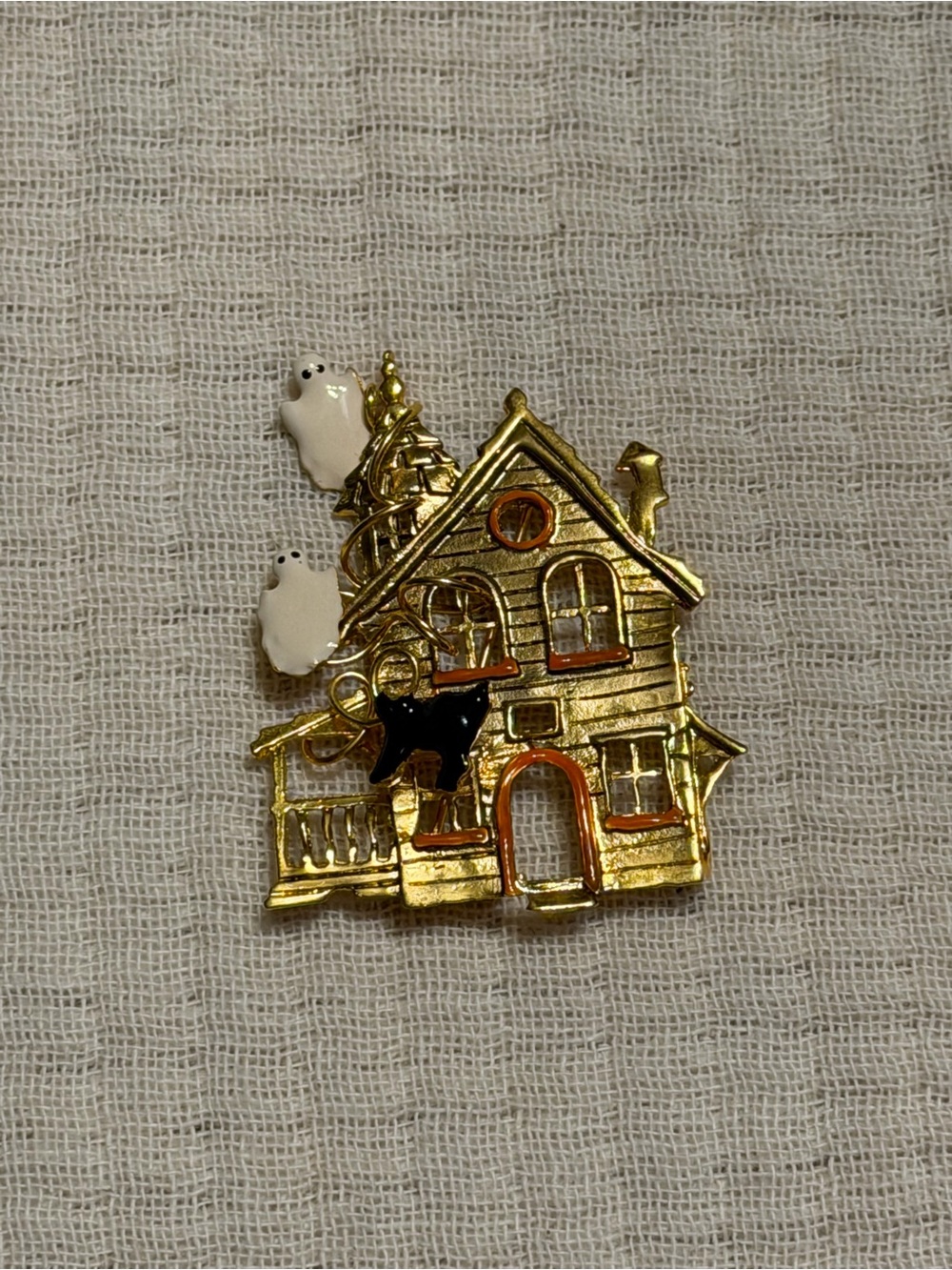 Vintage haunted house ghost black cat halloween brooch pin witchy spooky